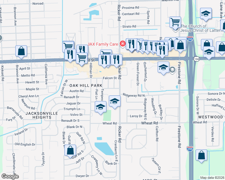 map of restaurants, bars, coffee shops, grocery stores, and more near 7638 Rambler Road in Jacksonville