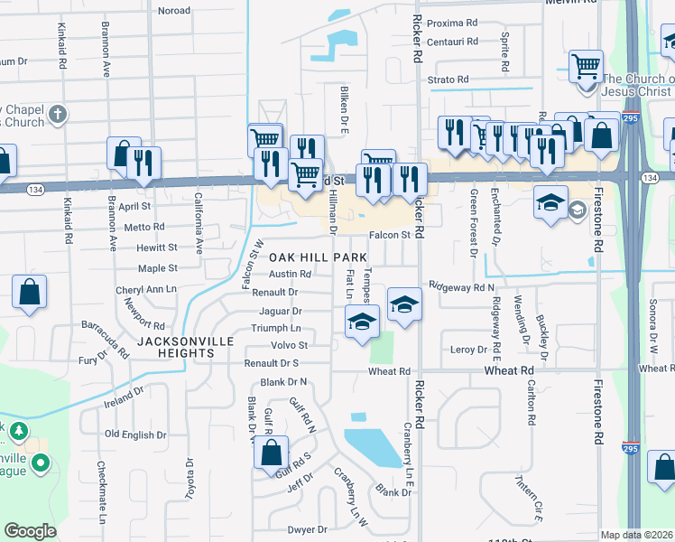 map of restaurants, bars, coffee shops, grocery stores, and more near 5665 Hillman Drive in Jacksonville