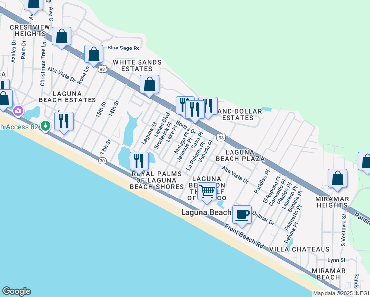 map of restaurants, bars, coffee shops, grocery stores, and more near 225 Jasmine Place in Panama City Beach