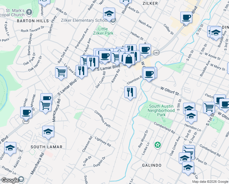 map of restaurants, bars, coffee shops, grocery stores, and more near 1705 Ravey Street in Austin
