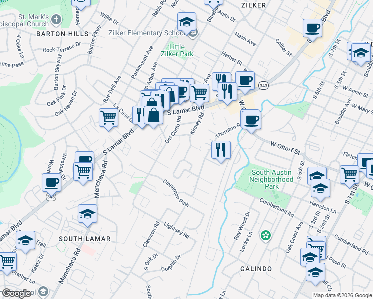 map of restaurants, bars, coffee shops, grocery stores, and more near 2414 Kinney Road in Austin