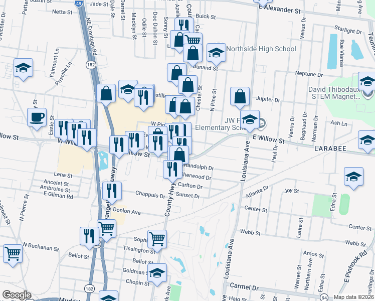 map of restaurants, bars, coffee shops, grocery stores, and more near 309 East Cedar Street in Lafayette
