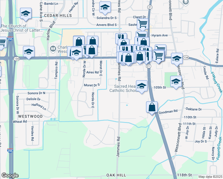 map of restaurants, bars, coffee shops, grocery stores, and more near 5712 Jammes Road in Jacksonville