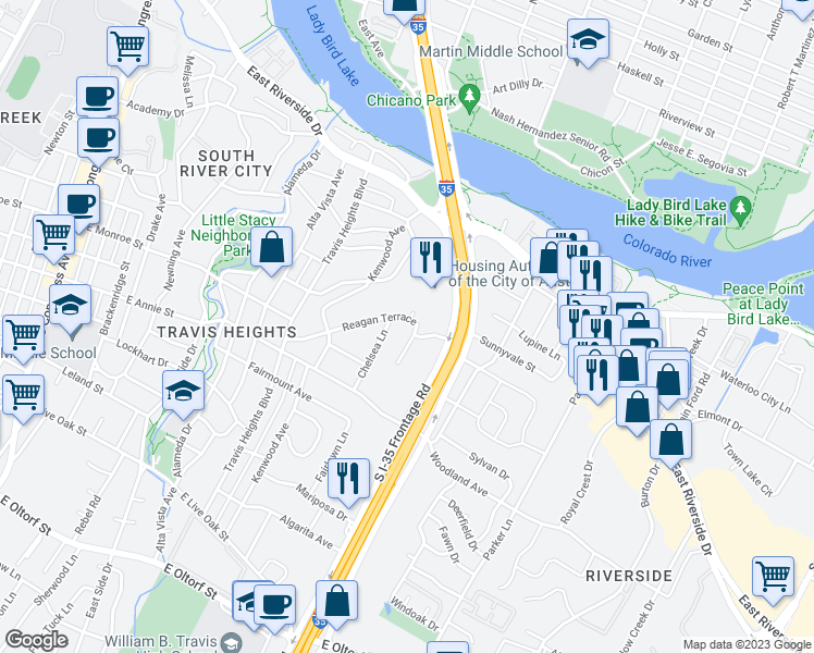 map of restaurants, bars, coffee shops, grocery stores, and more near 1500 Betty Jo Drive in Austin