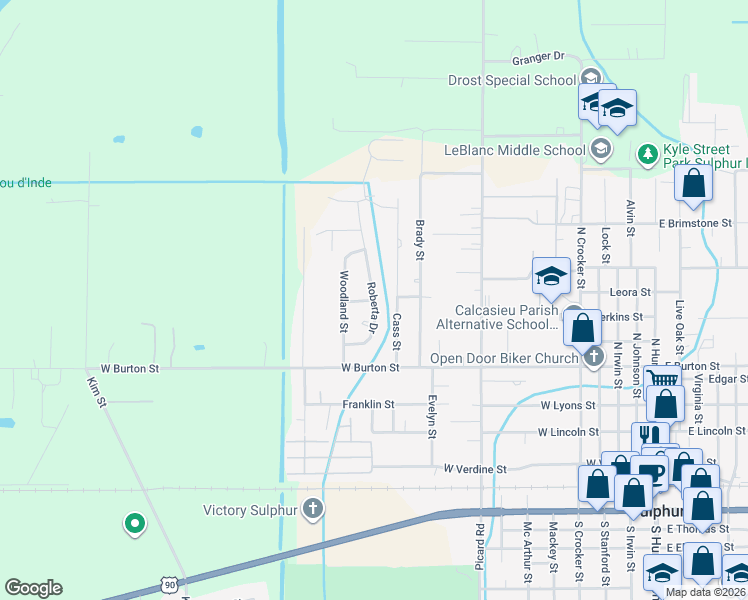 map of restaurants, bars, coffee shops, grocery stores, and more near 700 Roberta Drive in Sulphur