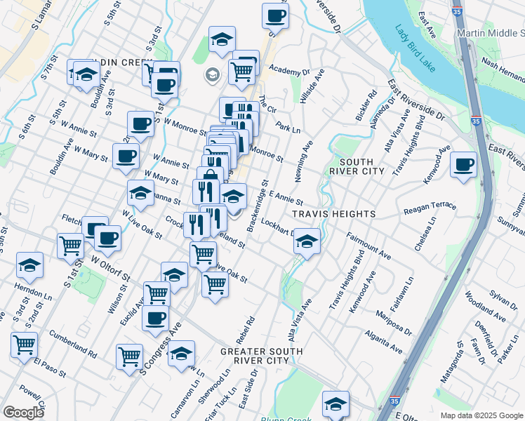 map of restaurants, bars, coffee shops, grocery stores, and more near 1813 Brackenridge Street in Austin