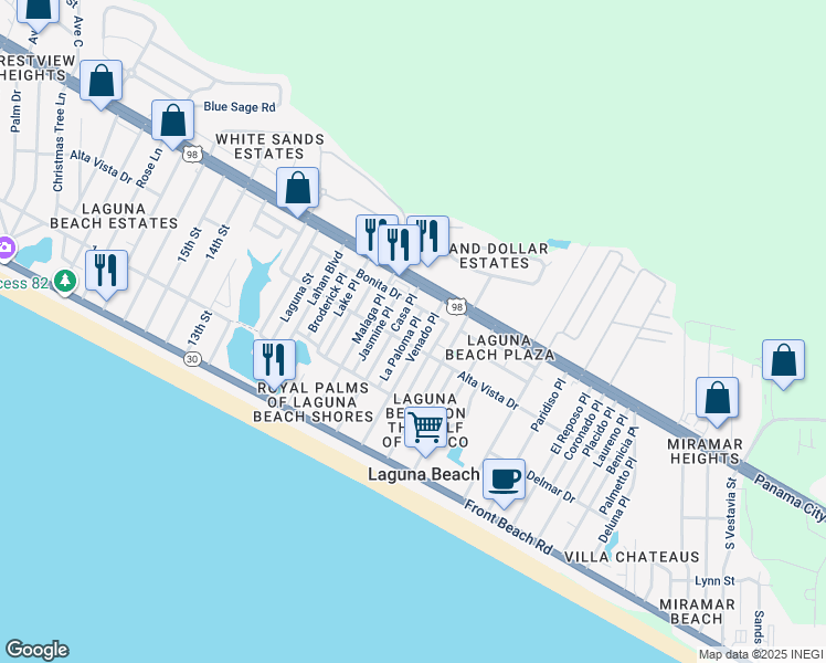 map of restaurants, bars, coffee shops, grocery stores, and more near 308 La Paloma Pl in Panama City Beach