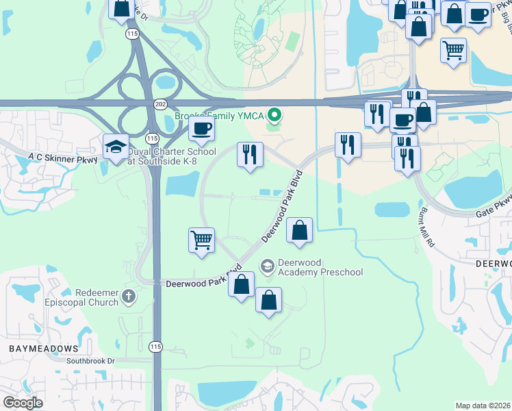 map of restaurants, bars, coffee shops, grocery stores, and more near 10301 Deerwood Park Boulevard in Jacksonville