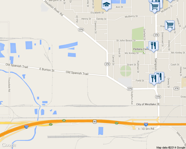 map of restaurants, bars, coffee shops, grocery stores, and more near East Burton Street in Westlake