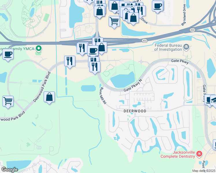 map of restaurants, bars, coffee shops, grocery stores, and more near Gate Parkway in Jacksonville