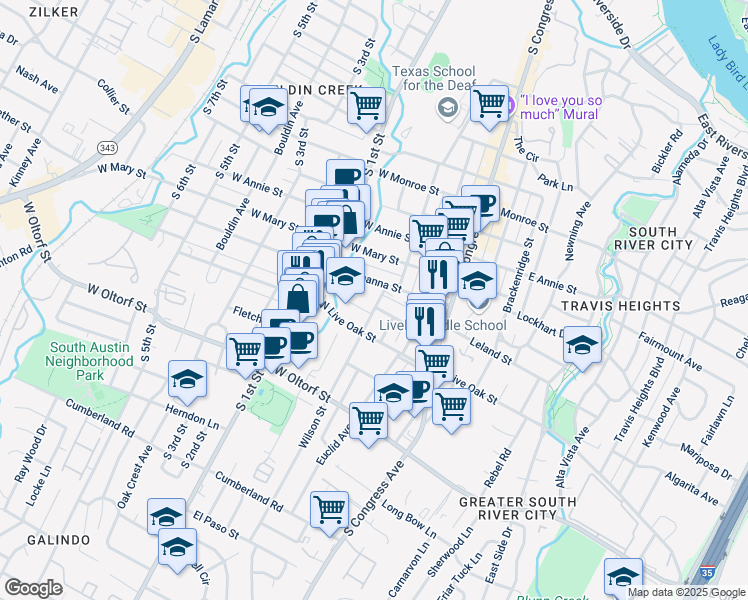 map of restaurants, bars, coffee shops, grocery stores, and more near 2006 Wilson Street in Austin