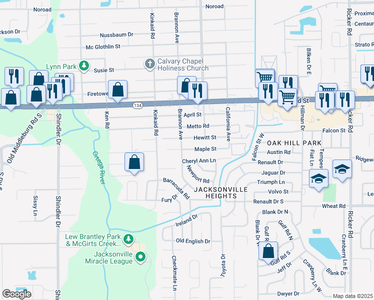 map of restaurants, bars, coffee shops, grocery stores, and more near 8260 Maple Street in Jacksonville