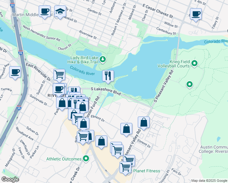 map of restaurants, bars, coffee shops, grocery stores, and more near 2222 South Lakeshore Boulevard in Austin