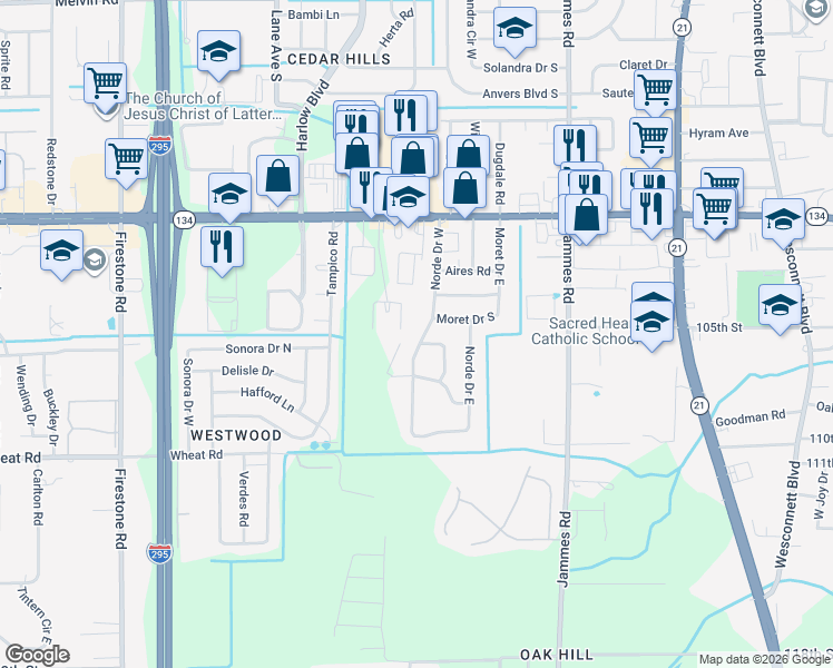 map of restaurants, bars, coffee shops, grocery stores, and more near 5714 Norde Drive West in Jacksonville