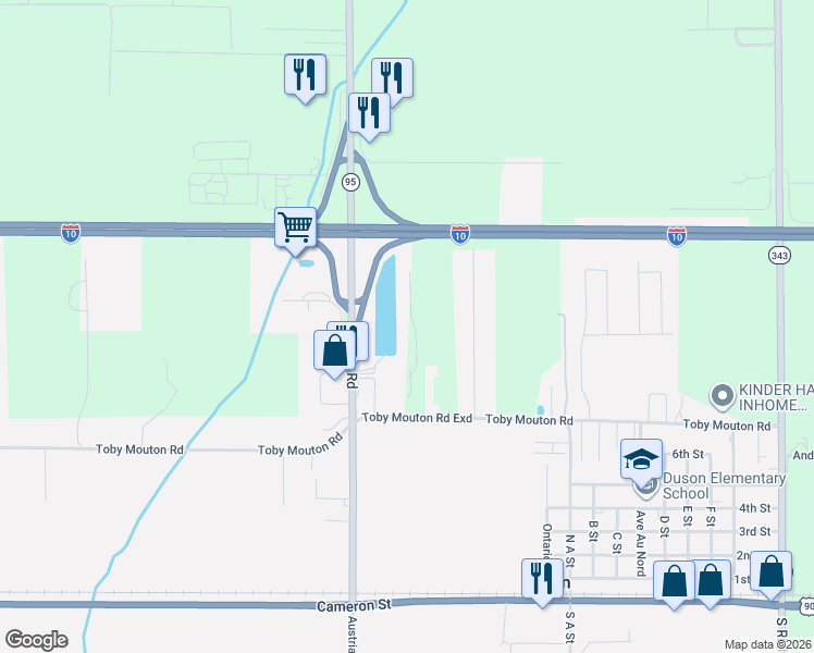 map of restaurants, bars, coffee shops, grocery stores, and more near 401 Austria Road in Duson