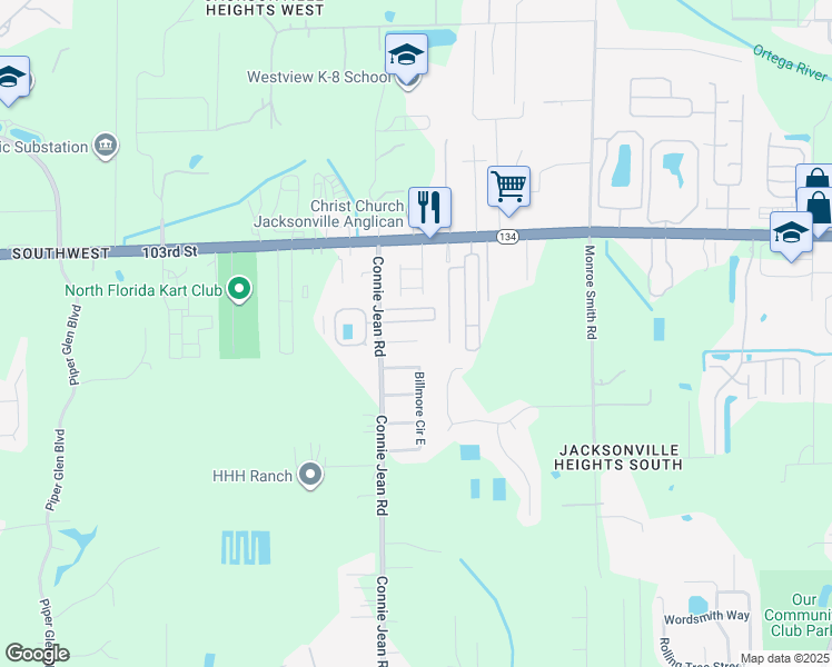 map of restaurants, bars, coffee shops, grocery stores, and more near 9943 Somerset Grove Lane in Jacksonville