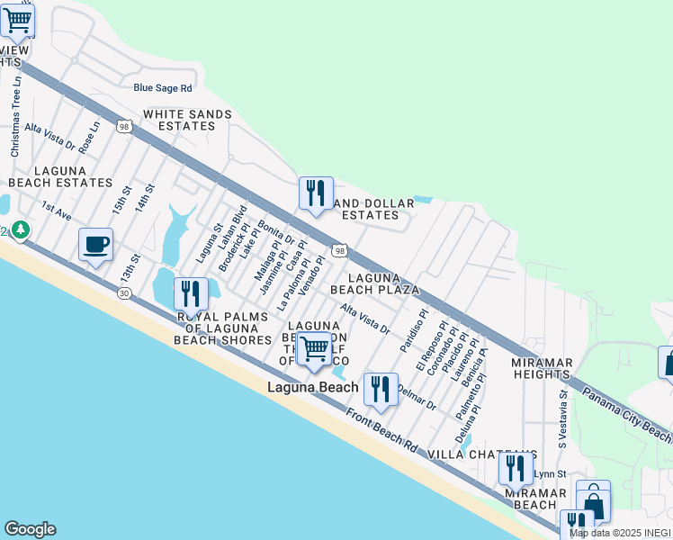map of restaurants, bars, coffee shops, grocery stores, and more near 317 Romanza Place in Panama City Beach