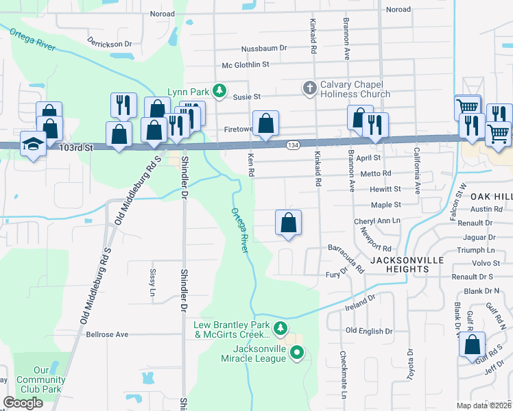map of restaurants, bars, coffee shops, grocery stores, and more near 8567 Maple Street in Jacksonville
