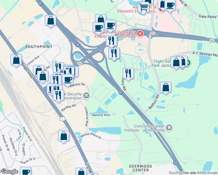 map of restaurants, bars, coffee shops, grocery stores, and more near 7044 Deer Lodge Circle in Jacksonville