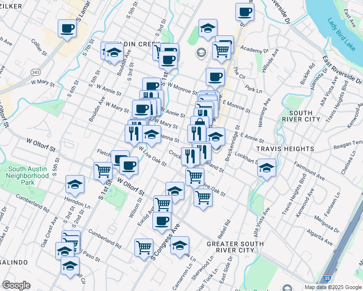 map of restaurants, bars, coffee shops, grocery stores, and more near 207 West Johanna Street in Austin