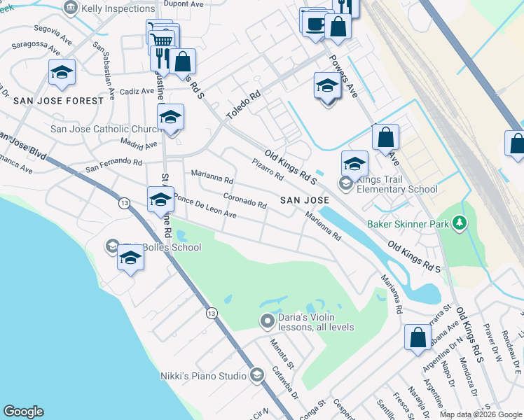 map of restaurants, bars, coffee shops, grocery stores, and more near 7204 Poinciana Street in Jacksonville