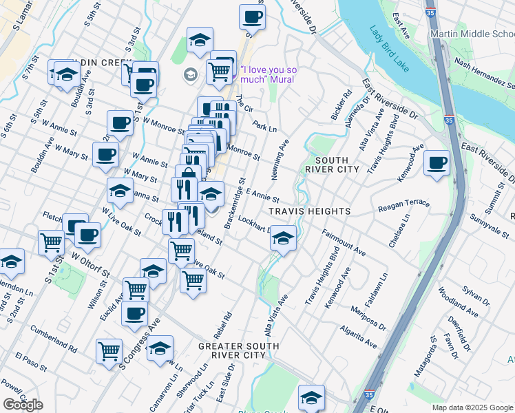 map of restaurants, bars, coffee shops, grocery stores, and more near 1810 Newning Ave in Austin