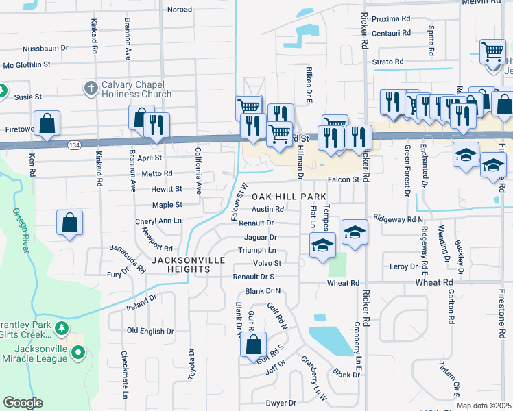 map of restaurants, bars, coffee shops, grocery stores, and more near 7931 Austin Road in Jacksonville