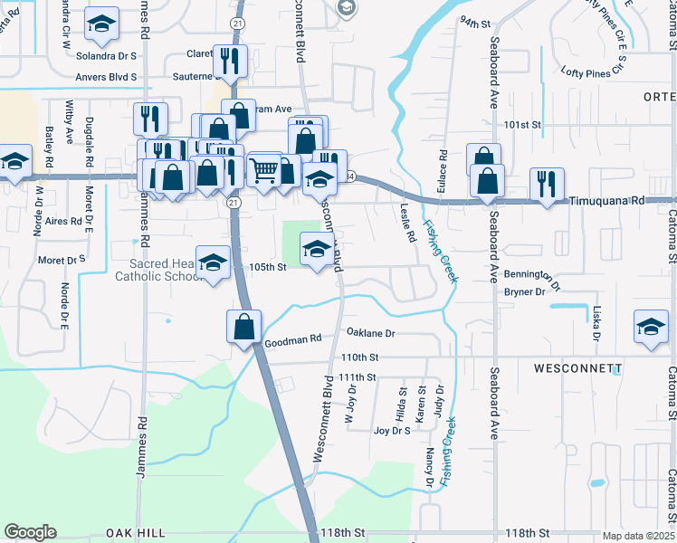 map of restaurants, bars, coffee shops, grocery stores, and more near 5710 Wesconnett Boulevard in Jacksonville