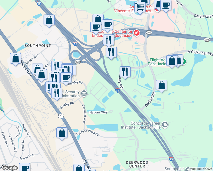 map of restaurants, bars, coffee shops, grocery stores, and more near 7044 Deer Lodge Circle in Jacksonville