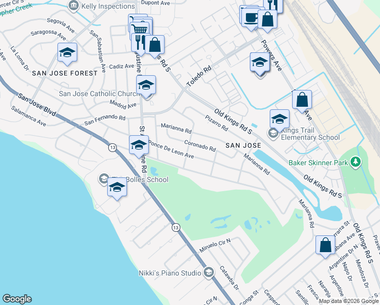 map of restaurants, bars, coffee shops, grocery stores, and more near 3721 Ponce De Leon Avenue in Jacksonville