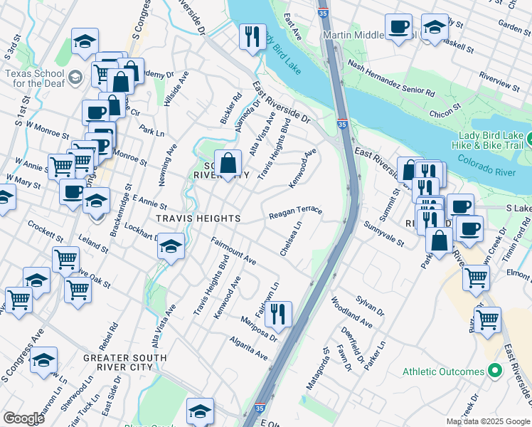 map of restaurants, bars, coffee shops, grocery stores, and more near 1104 Reagan Terrace in Austin