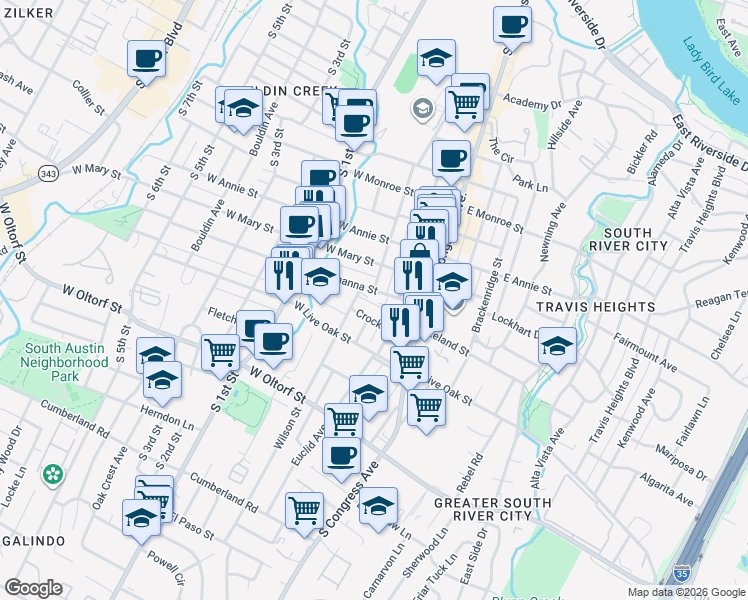 map of restaurants, bars, coffee shops, grocery stores, and more near 207 West Johanna Street in Austin