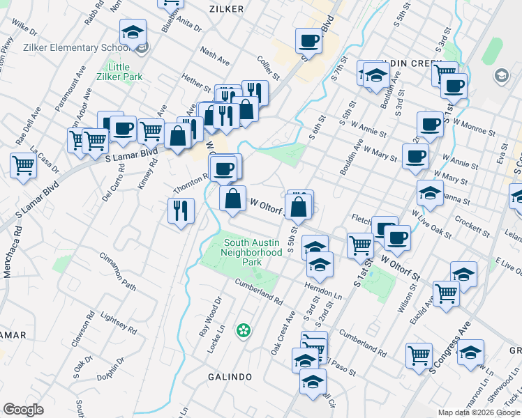 map of restaurants, bars, coffee shops, grocery stores, and more near 1201 West Oltorf Street in Austin