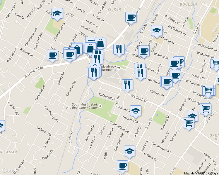 map of restaurants, bars, coffee shops, grocery stores, and more near 1201 West Oltorf Street in Austin