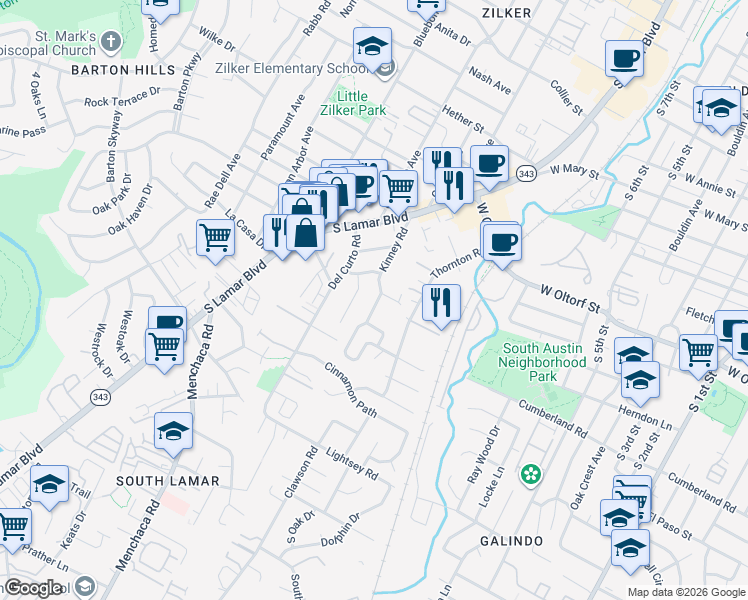 map of restaurants, bars, coffee shops, grocery stores, and more near 2404 Kinney Road in Austin