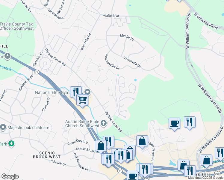 map of restaurants, bars, coffee shops, grocery stores, and more near 7419 Evening Sky Circle in Austin
