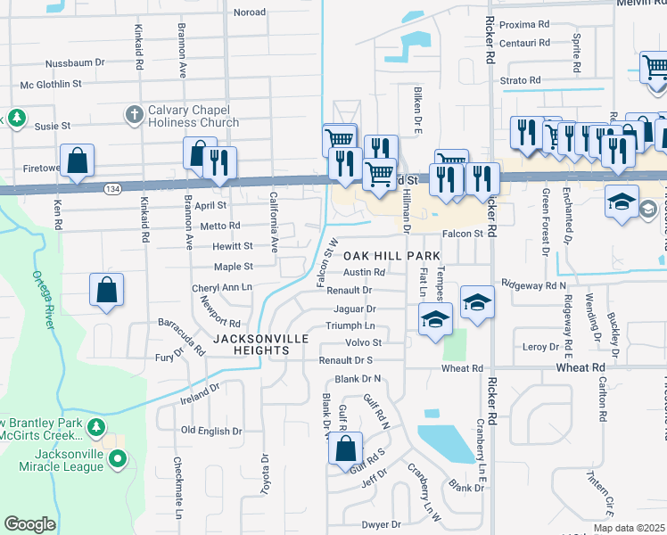 map of restaurants, bars, coffee shops, grocery stores, and more near 7961 Austin Road in Jacksonville