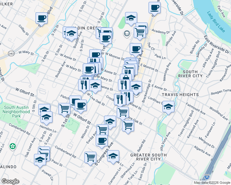 map of restaurants, bars, coffee shops, grocery stores, and more near 207 West Johanna Street in Austin