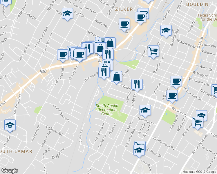 map of restaurants, bars, coffee shops, grocery stores, and more near 2406 Havenside Drive in Austin