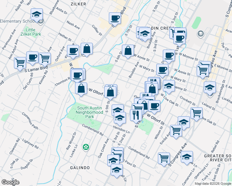 map of restaurants, bars, coffee shops, grocery stores, and more near 2301 South 5th Street in Austin