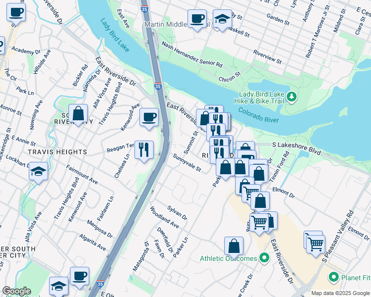 map of restaurants, bars, coffee shops, grocery stores, and more near 1503 Lupine Lane in Austin