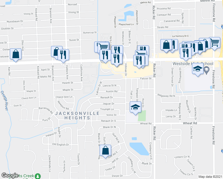 map of restaurants, bars, coffee shops, grocery stores, and more near 7901 Austin Road in Jacksonville
