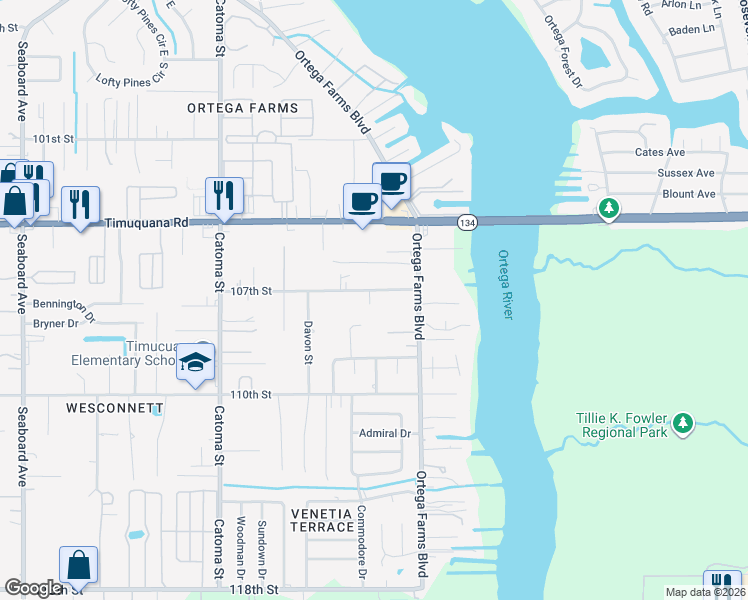 map of restaurants, bars, coffee shops, grocery stores, and more near 5156 107th Street in Jacksonville