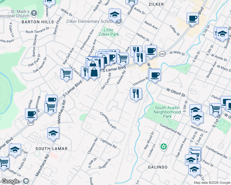 map of restaurants, bars, coffee shops, grocery stores, and more near 2404 Kinney Road in Austin