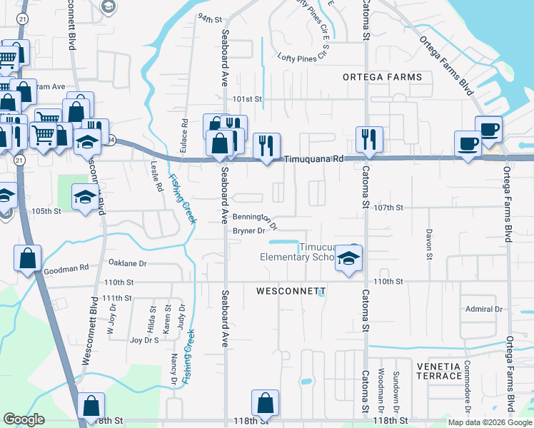 map of restaurants, bars, coffee shops, grocery stores, and more near 5575 Cabot Drive North in Jacksonville