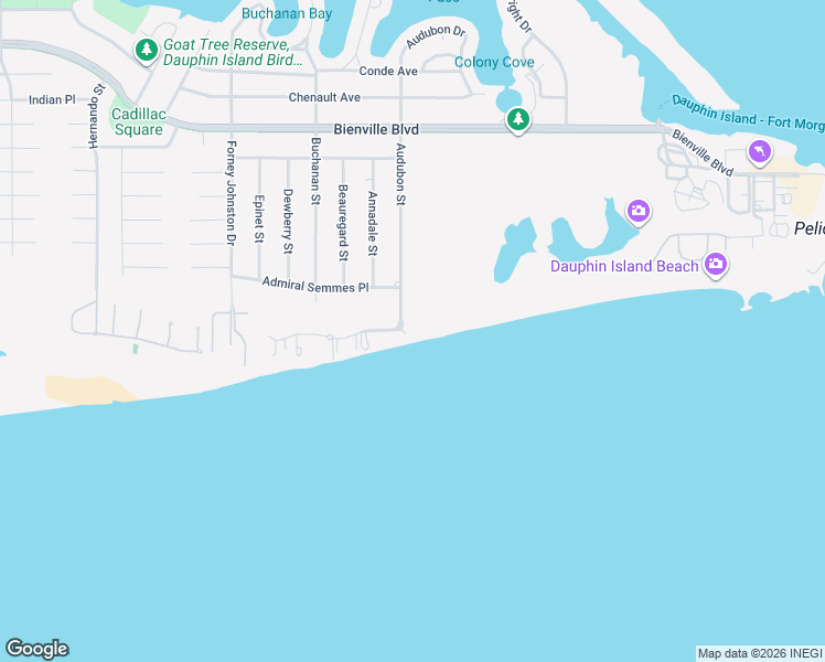 map of restaurants, bars, coffee shops, grocery stores, and more near 100-118 Audubon Pl in Dauphin Island