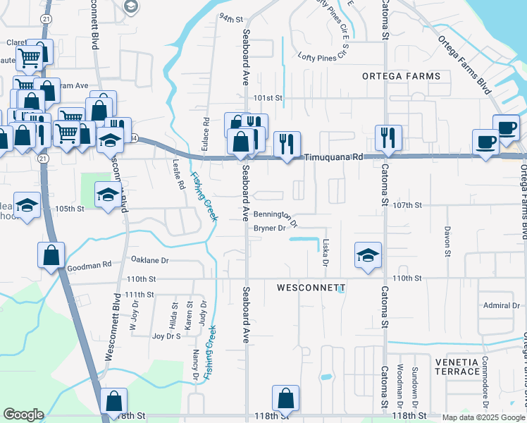 map of restaurants, bars, coffee shops, grocery stores, and more near 5659 Bennington Drive in Jacksonville