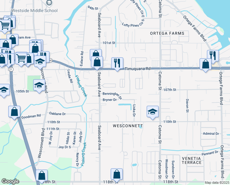 map of restaurants, bars, coffee shops, grocery stores, and more near 5615 Bennington Drive in Jacksonville