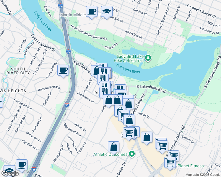 map of restaurants, bars, coffee shops, grocery stores, and more near 1705 South Lakeshore Boulevard in Austin