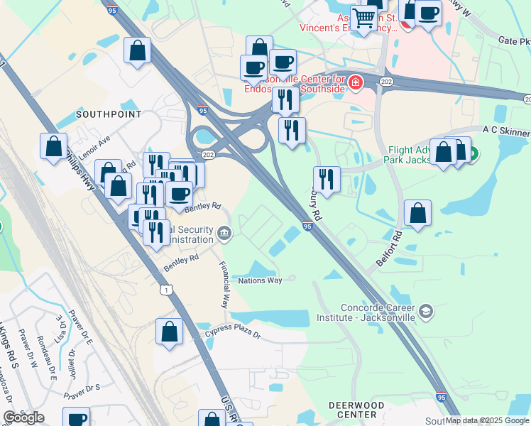 map of restaurants, bars, coffee shops, grocery stores, and more near 7044 Deer Lodge Circle in Jacksonville